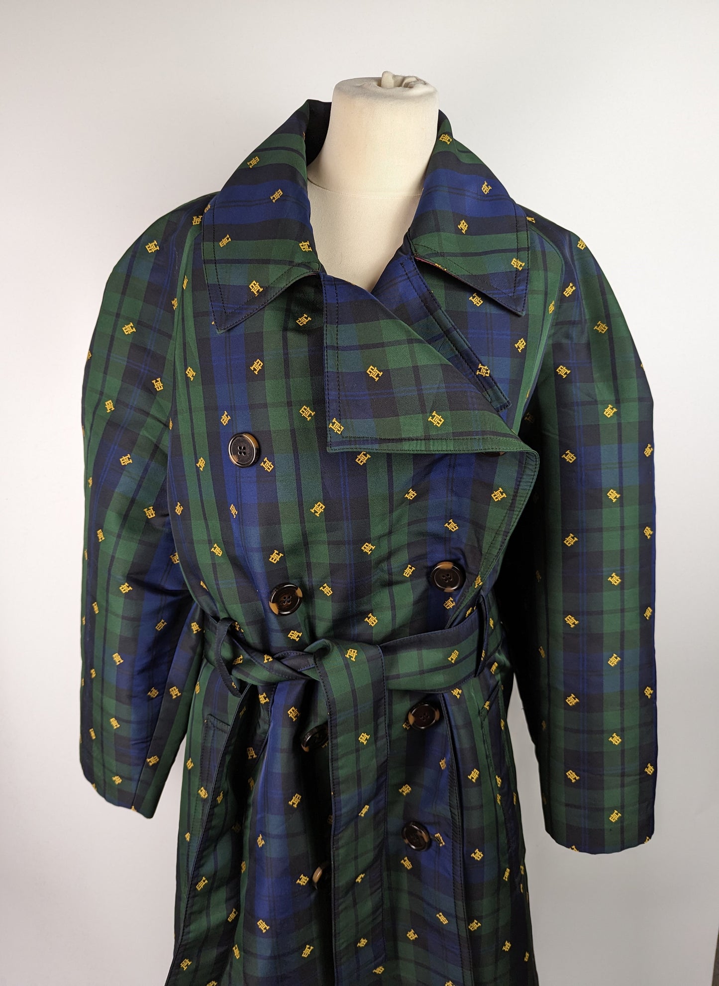 TOMMY HILFIGER Women's Thl Preppy Monogram Tartan Coat- Blue / Green