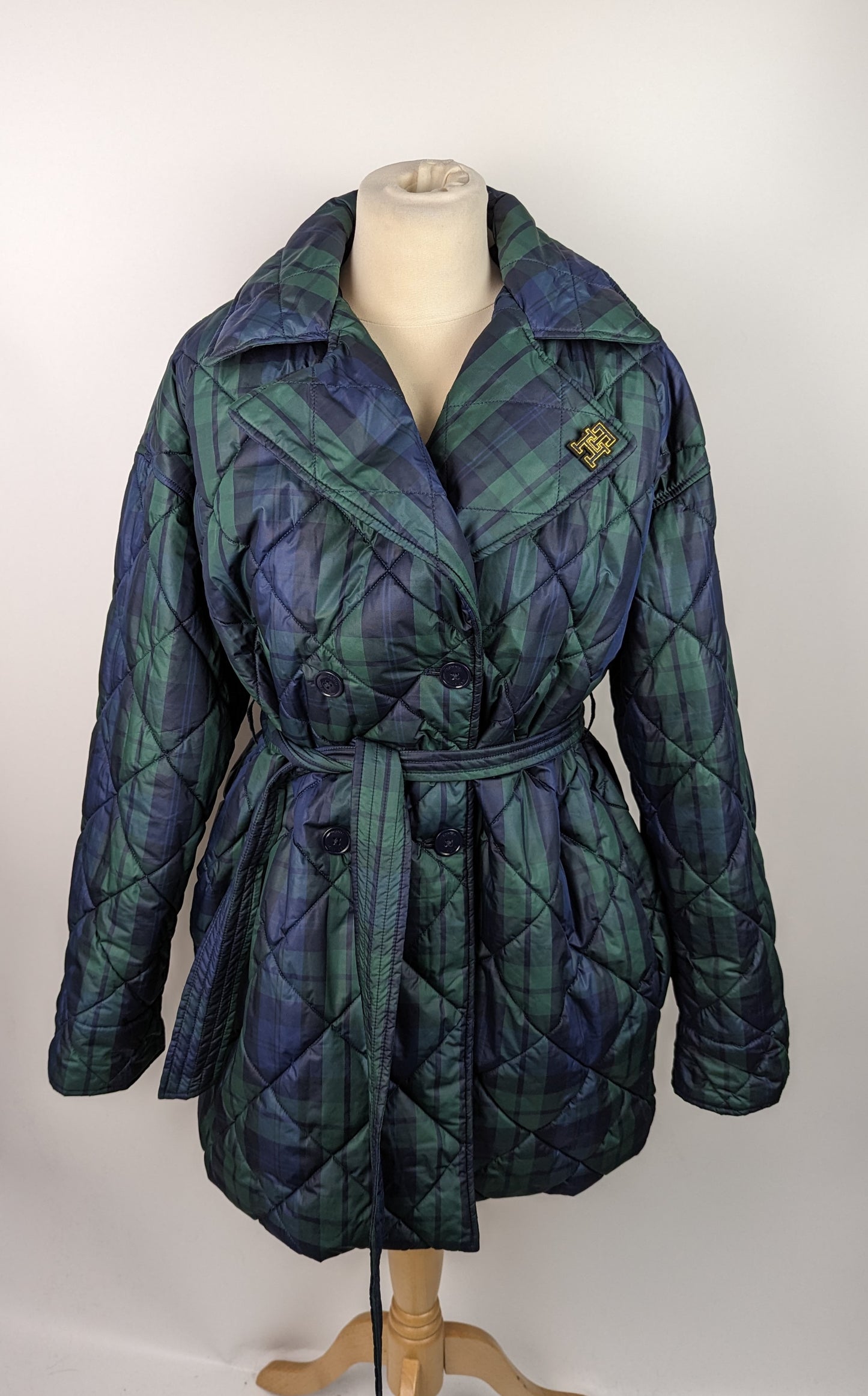 TOMMY HILFIGER Womens Check Quilted Peacoat - Blue / Green