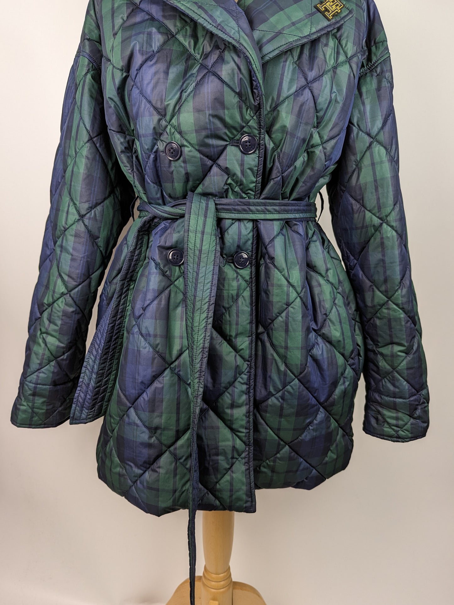 TOMMY HILFIGER Womens Check Quilted Peacoat - Blue / Green