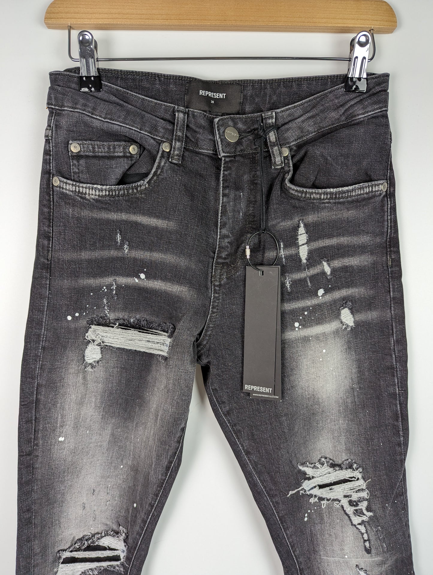 REPRESENT Men's Repaired Denim Jeans - Dark Vintage Grey