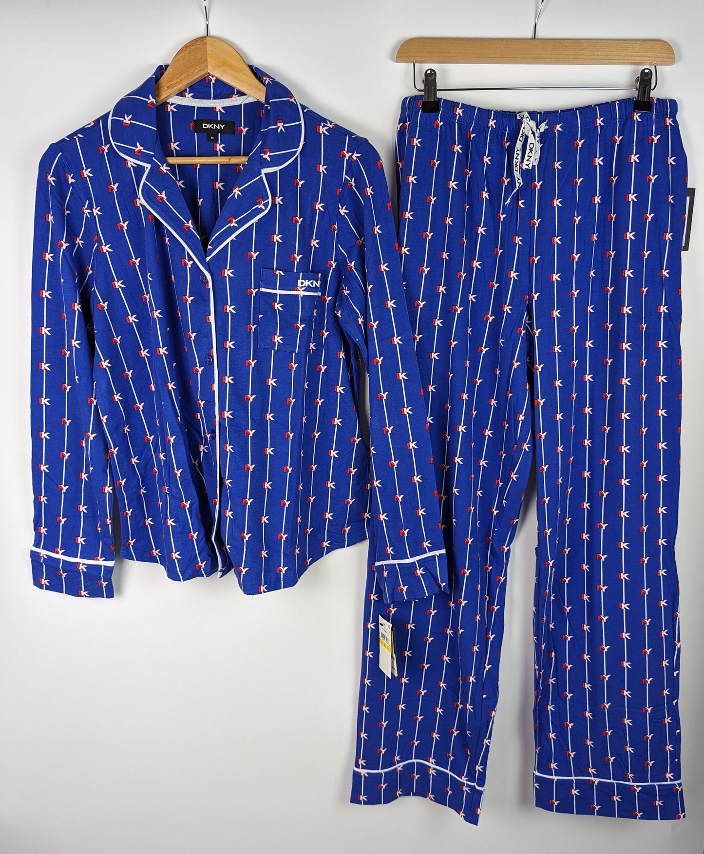 DKNY Womens Notch Top & Pant PJ Set - Azure Blue Stripe