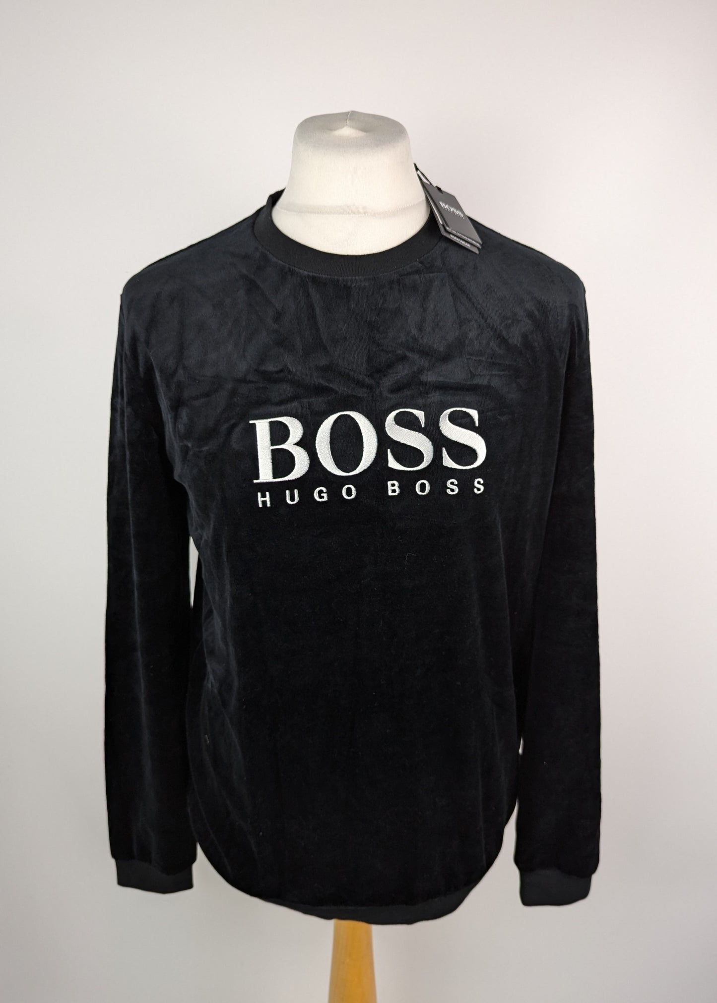 BOSS Mens Velour Crew Neck Jumper- Black / Silver