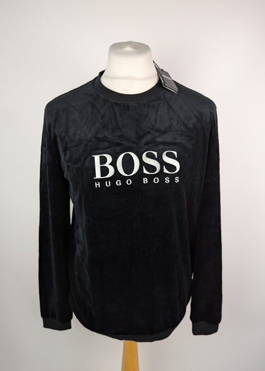 BOSS Mens Velour Crew Neck Jumper- Black / Silver