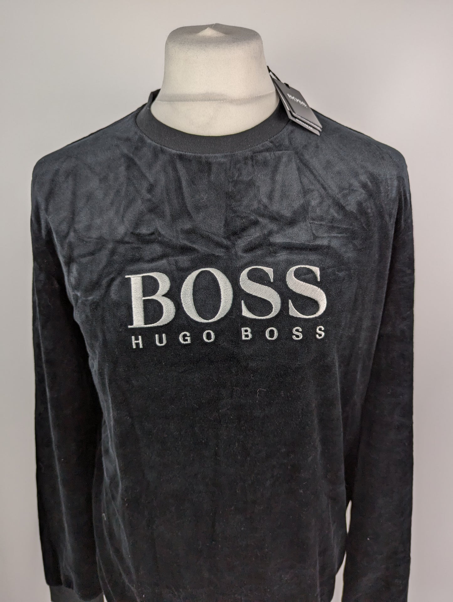 BOSS Mens Velour Crew Neck Jumper- Black / Silver