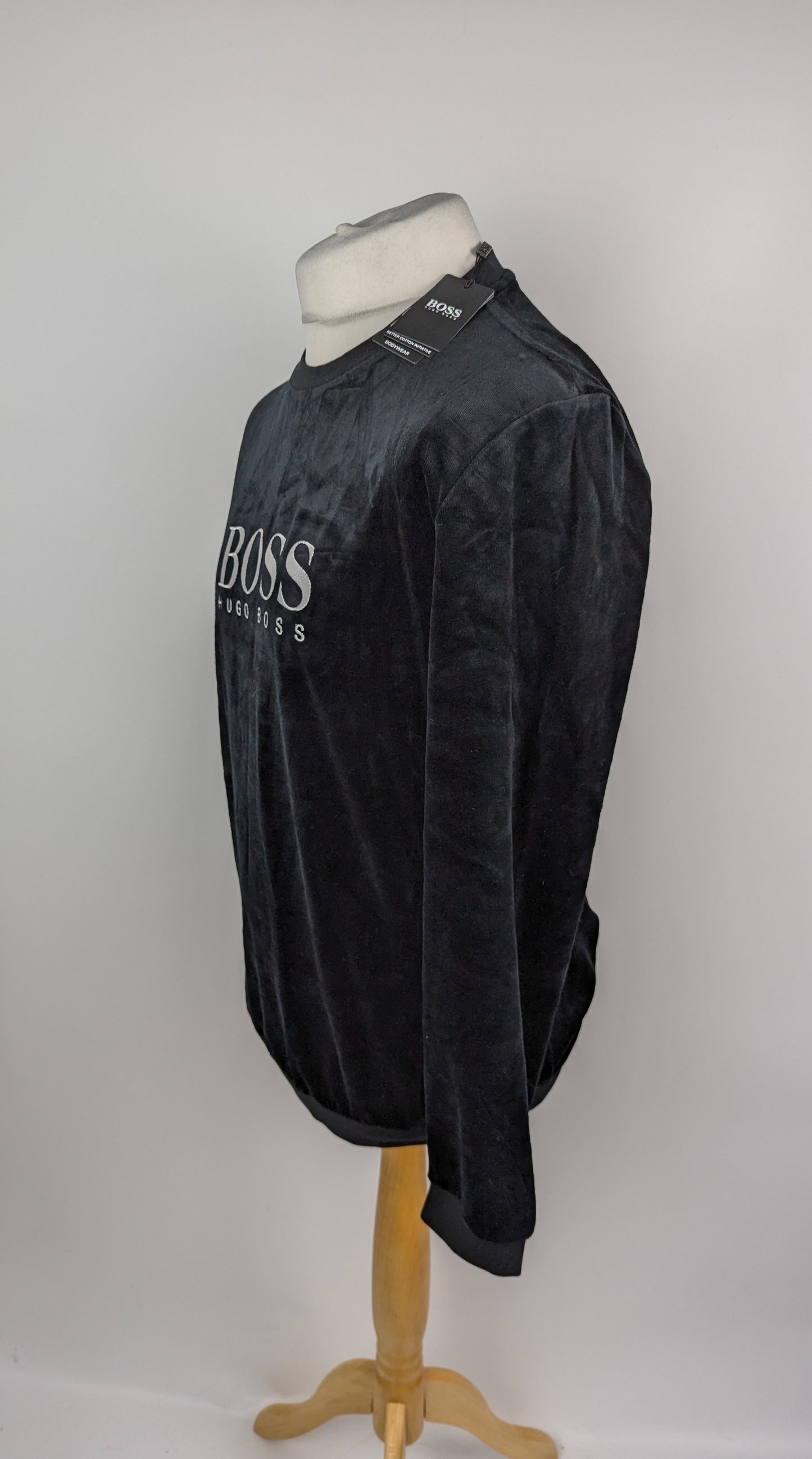 BOSS Mens Velour Crew Neck Jumper- Black / Silver